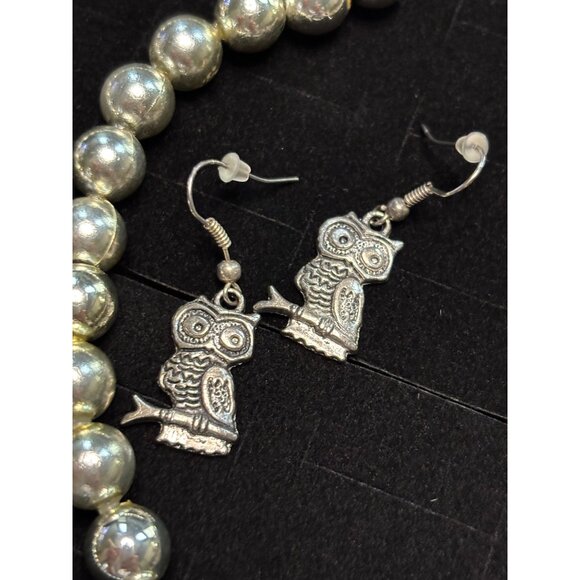 Vintage Silver Owl Pendant Necklace & Earrings Set 18 Chain Articulated Pendant - Picture 2 of 12